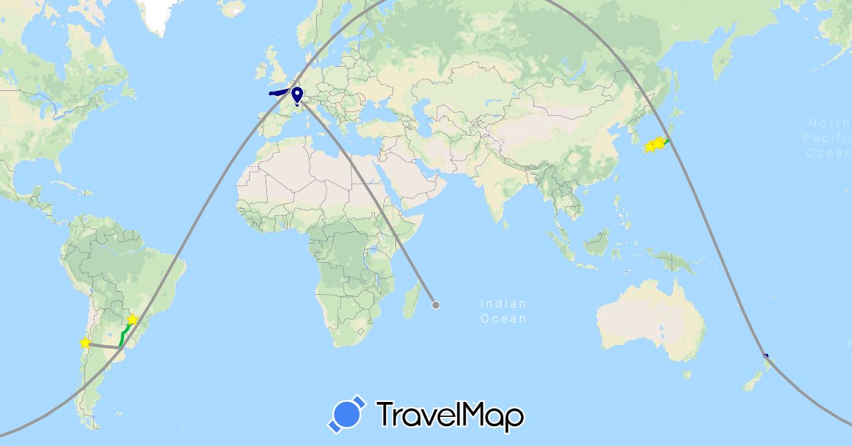 TravelMap itinerary: driving, bus, plane, train in Argentina, Brazil, Chile, France, Japan, New Zealand, Réunion (Africa, Asia, Europe, Oceania, South America)